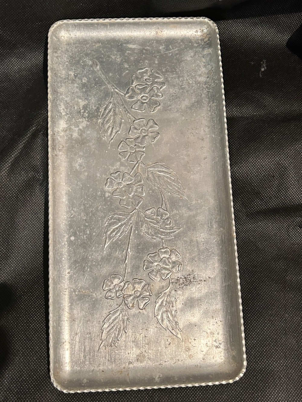Vintage Embossed Floral Metal Tray in Silver